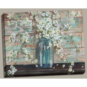 Beautiful Watercolor-Style Blossoms In A Mason Jar Floral Print by Tre Sorelle Studios; One 14x11in Stretched Canvas   